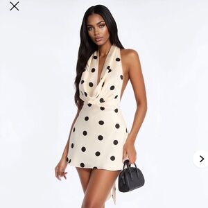 Fashion Nova Soft Spot Halter Cream Polka Dot Mini Dress with Black Dots